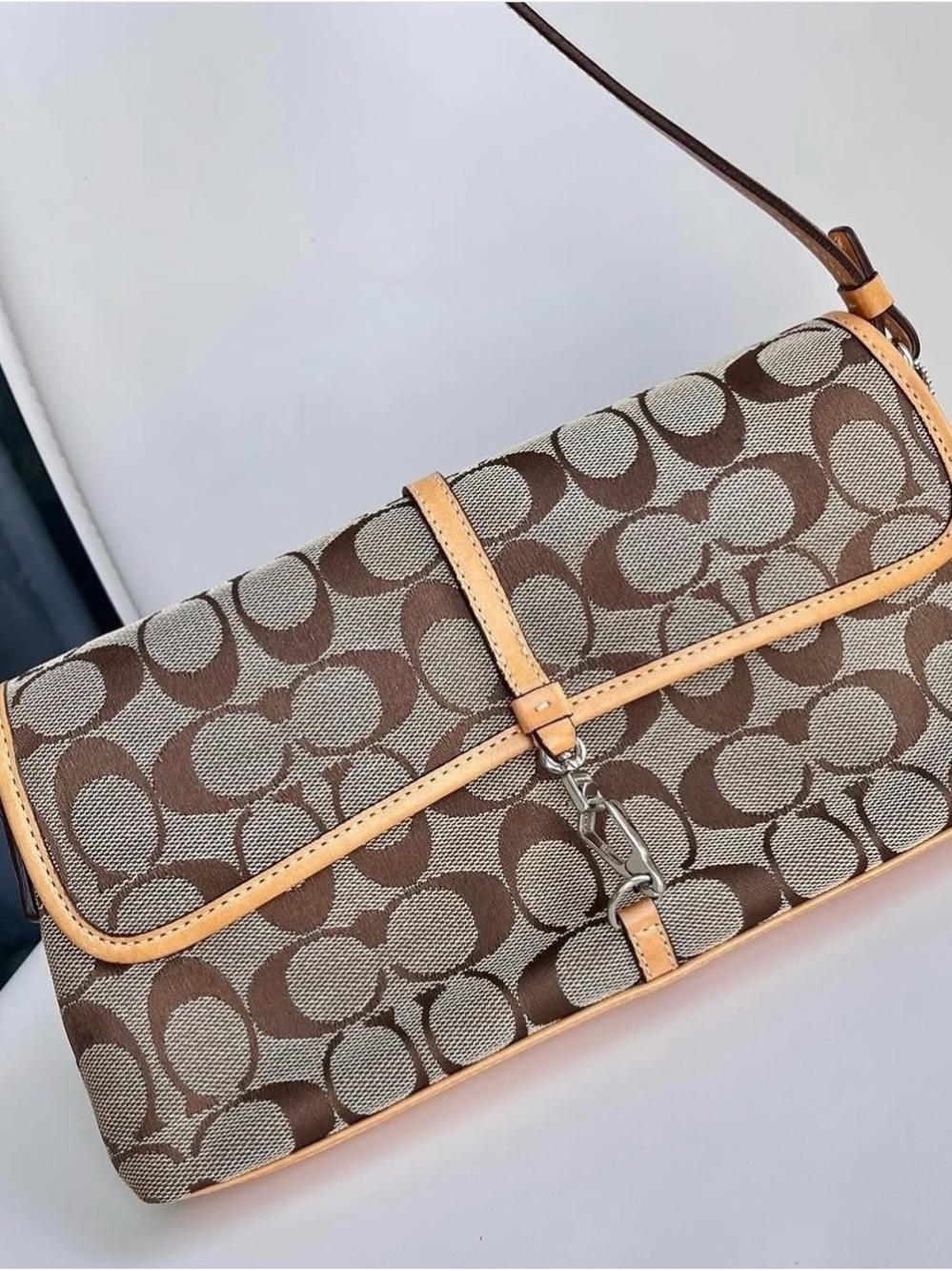 Coach Brown Signature Canvas Shoulder Bag with Tan Trim